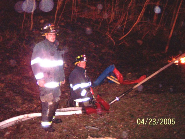 Peter Hagen and Jon Bruno working the master stream at the Yeshiva Fire-April 2005