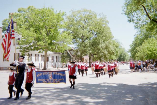 MKFD Ancient Fife and Drum Corp marches through the streets of Williamsburg, Virginia for Drummers Call. (May 2008)
