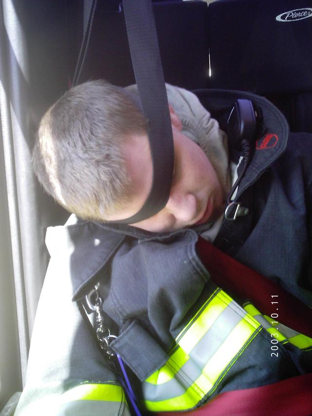 FF Evan Ellis taking a nap on our way back from training at the WC Fire Training Center.
