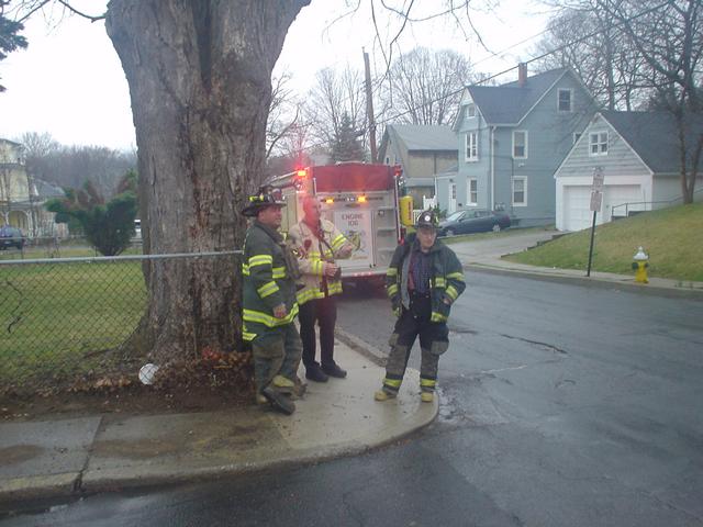 Ex-Captain David Hughes, Car 2283: Tom Jackson, and Ex-Captain Paul Hughes at Wires Down on Grove Street. 3/22/10
